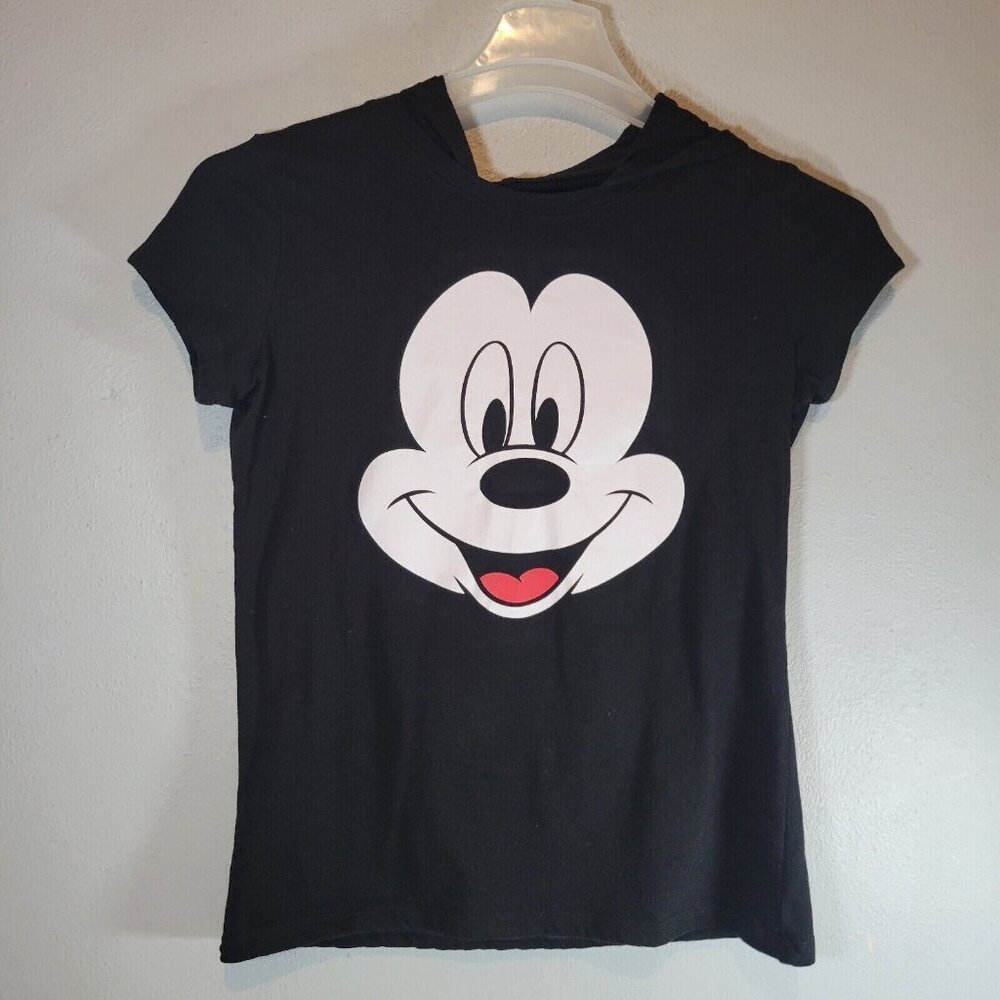 Disney Mickey Mouse Youth Shirt Medium 7-9 Black Short Sleeve Hooded Mickey Ears